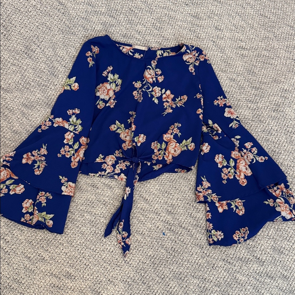 Altar'd State Navy Floral Tie-Front Blouse